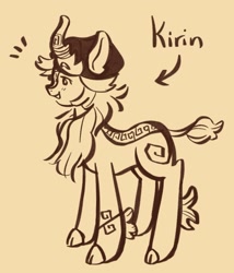 Size: 1230x1439 | Tagged: safe, artist:i-ate-a-purse, kirin, cloven hooves, concave belly, cookie run, crossover, fig cookie, hat, horn, male, monochrome, ponified, simple background, text, yellow background