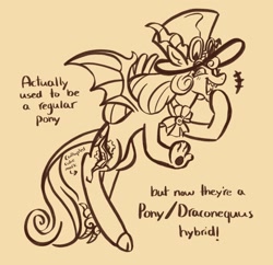 Size: 1280x1238 | Tagged: safe, artist:i-ate-a-purse, draconequus, hybrid, pony, bat wings, cookie run, crossover, fangs, female, hat, horns, laughing, monochrome, paws, ponified, simple background, solo, spread wings, text, timekeeper cookie, top hat, wings