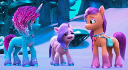 Size: 1710x946 | Tagged: safe, screencap, misty brightdawn, pipp petals, sunny starscout, earth pony, pegasus, pony, unicorn, g5, my little pony: make your mark, my little pony: make your mark chapter 6, secrets of starlight, spoiler:g5, spoiler:my little pony: make your mark, spoiler:my little pony: make your mark chapter 6, spoiler:mymc06e04, bag, forest, glitter, heart, jewelry, locket, nature, necklace, rebirth misty, ruby, saddle bag, snow, tree, winter