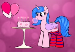 Size: 3756x2622 | Tagged: safe, artist:selenophile, oc, oc only, alicorn, pony, abstract background, alicorn oc, balloon, birthday, birthday cake, bubblegum, cake, candle, clothes, explicit source, eye clipping through hair, female, food, gum, high res, horn, mare, socks, solo, striped socks, table, wings
