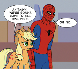 Size: 1813x1600 | Tagged: safe, artist:thescornfulreptilian, applejack, earth pony, human, pony, g4, 60s spider-man, dialogue, duo, female, human male, i think we're gonna have to kill this guy, male, mare, marvel, meme, ponified meme, speech bubble, spider-man