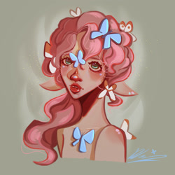 Size: 3000x3000 | Tagged: safe, artist:8lep8a, fluttershy, butterfly, human, g4, bare shoulder portrait, bare shoulders, bust, elf ears, female, high res, humanized, lips, looking at you, portrait, shoulder blush, solo