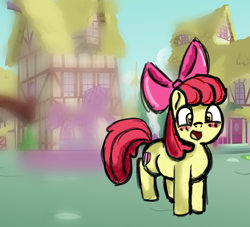 Size: 5500x5000 | Tagged: safe, artist:psychotix, derpibooru exclusive, apple bloom, earth pony, pony, g4, adorabloom, apple bloom's bow, applebetes, blurry background, blushing, bow, butt, cute, cutie mark crusaders, female, filly, foal, hair bow, looking at something, open mouth, paint tool sai, ponyville, smiling, statue