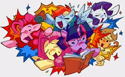 Size: 2048x1257 | Tagged: safe, artist:lound, applejack, fluttershy, pinkie pie, rainbow dash, rarity, twilight sparkle, earth pony, pegasus, pony, unicorn, g4, blush scribble, blushing, book, cider mug, colored blushing, dot eyes, dynamic pose, exclamation point, female, glasses, group, half body, mane six, mare, mug, question mark, round glasses, sextet, simple background, white background