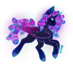 Size: 1482x1343 | Tagged: safe, artist:thatmlpartist, artist:trashpanda czar, oc, oc only, oc:blacklight rave, alicorn, pony, alicorn oc, dreadlocks, glowing, gradient hooves, horn, jumping, procreate app, signature, simple background, solo, transparent background, wings