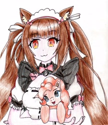 Size: 2451x2846 | Tagged: safe, artist:40kponyguy, derpibooru exclusive, pinkie pie, earth pony, pony, g4, anime, catgirl, chocola (nekopara), clothes, colored pencil drawing, crossover, ear fluff, head tilt, high res, holding a pony, looking at you, maid, nekopara, pigtails, simple background, traditional art, twintails