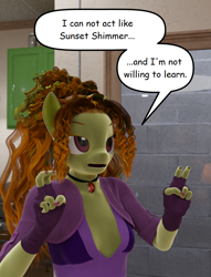 Size: 760x995 | Tagged: safe, artist:stellarator, editor:lindenbaum, adagio dazzle, sunset shimmer, anthro, unguligrade anthro, comic:we will be adored, g4, 3d, blender, blender cycles, crossing the memes, cycles render, exploitable meme, image macro, irony, meme, not sfm, sunset is not willing to learn