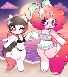 Size: 3700x4208 | Tagged: safe, artist:arwencuack, oc, oc only, oc:arwencuack, pegasus, unicorn, anthro, arm hooves, beach, belly button, bikini, breasts, clothes, commission, duo, duo female, female, heart, heart eyes, one eye closed, swimsuit, unshorn fetlocks, wingding eyes, wink, ych result