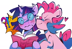 Size: 2047x1407 | Tagged: safe, artist:lound, pinkie pie, twilight sparkle, earth pony, pony, unicorn, g4, blushing, book, cheek kiss, duo, exclamation point, female, glasses, heart, interrobang, kissing, lesbian, question mark, ship:twinkie, shipping, simple background, unicorn twilight, white background