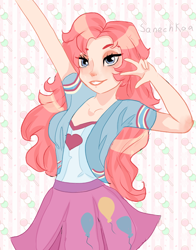 Size: 3014x3837 | Tagged: safe, artist:sanechkaa, pinkie pie, human, equestria girls, g4, alternate hairstyle, bedroom eyes, clothes, eyeshadow, female, grin, high res, humanized, makeup, shirt, skirt, smiling, solo, t-shirt, vest