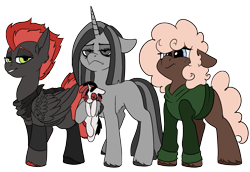 Size: 2515x1735 | Tagged: safe, artist:brainiac, oc, oc only, oc:blackjack, oc:cinder blaze, oc:somber, oc:uncharted pages, earth pony, pegasus, pony, unicorn, 2024 community collab, derpibooru community collaboration, fallout equestria, fallout equestria: project horizons, clothed ponies, concave belly, eyes open, female, horn, mare, plushie, red eyes, simple background, transparent background, trio, wings