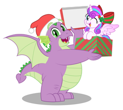 Size: 1280x1147 | Tagged: safe, artist:aleximusprime, princess flurry heart, spike, alicorn, dragon, pony, flurry heart's story, g4, adorafatty, bow, box, christmas, cute, duo, duo male and female, fat, fat spike, female, filly, flurrybetes, foal, hair bow, happy, hat, holiday, holly, looking at you, male, older, older flurry heart, older spike, one eye closed, open mouth, pony in a box, present, santa hat, simple background, smiling, spikabetes, spread wings, transparent background, uncle spike, wings, wink