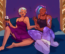 Size: 2400x2000 | Tagged: safe, artist:starsbursts, allura, opaline arcana, human, g5, alcohol, alternate hairstyle, barefoot, bed, blanket, blushing, breasts, choker, clothes, commission, dark skin, duo, ear piercing, earring, eyes closed, eyeshadow, fangs, feet, female, freckles, glass, hair curlers, helix piercing, high res, humanized, jewelry, laughing, lesbian, makeup, muscles, nail polish, pajamas, pants, piercing, pillow, ship:opallura, shipping, slippers, tan skin, tank top, tattoo, wine, wine glass