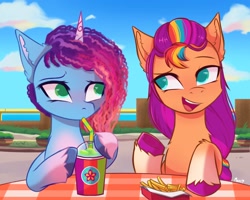 Size: 2048x1638 | Tagged: safe, artist:maxi_ponie, misty brightdawn, sunny starscout, earth pony, pony, unicorn, g5, blushing, date, drink, duo, duo female, ear fluff, eyebrows, female, food, french fries, horn, lesbian, looking at each other, looking at someone, mane stripe sunny, mare, maretime bay, open mouth, outdoors, rebirth misty, ship:sunnydawn, shipping, smoothie, unshorn fetlocks