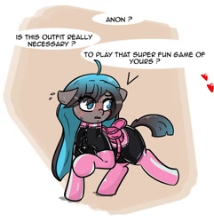 Size: 1194x1239 | Tagged: source needed, safe, artist:n-o-n, oc, oc only, oc:tundra sparkle, pony, blushing, clothes, female, floating heart, gloves, heart, latex, latex gloves, latex socks, latex suit, looking at someone, mare, offscreen character, saddle, socks, tack