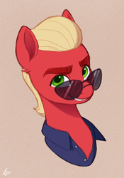 Size: 700x1000 | Tagged: safe, artist:luminousdazzle, sprout cloverleaf, earth pony, pony, g5, bust, clothes, green eyes, grin, looking at you, male, police officer, police uniform, portrait, smiling, solo, stallion, sunglasses