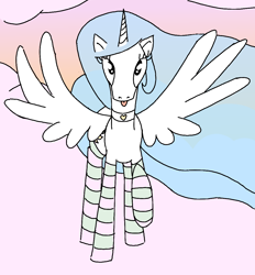 Size: 1070x1152 | Tagged: safe, artist:purblehoers, princess celestia, alicorn, pony, g4, :p, choker, clothes, cloud, female, front view, heart, looking at you, majestic as fuck, mare, on a cloud, pink cloud, pink sky, raised hoof, socks, solo, spread wings, standing on a cloud, striped socks, tongue out, wings