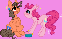 Size: 3094x1964 | Tagged: source needed, safe, artist:nootaz, pinkie pie, oc, oc:robertapuddin, g4, blushing, cute, happy, pink background, pinkiefied, simple background