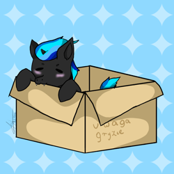 Size: 1000x1000 | Tagged: safe, artist:elereinka, oc, oc:source code, pony, unicorn, biting, blushing, box, cute, eyes closed, fangs, female, horn, mare, polish, pony in a box, unicorn oc