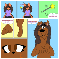 Size: 1100x1100 | Tagged: source needed, safe, artist:shybutcinnamon, oc, oc only, oc:robertapuddin, dog, earth pony, great dane, anthro, dialogue, dogified, magic wand, old art, scooby-doo, scooby-doo!, species swap, transformation