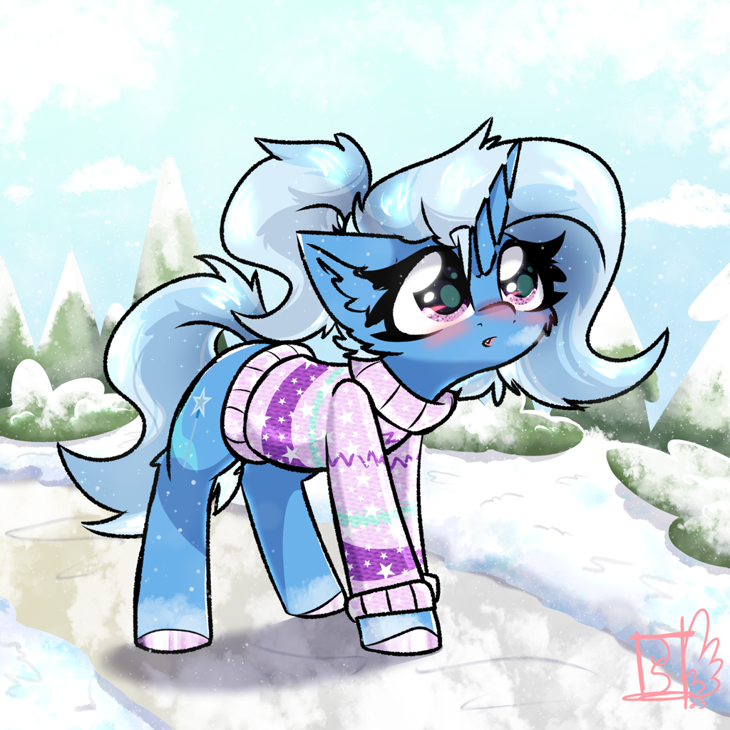 [alternate hairstyle,blushing,breath,clothes,cute,female,g4,high res,horn,implied shipping,mare,open mouth,pony,ponytail,safe,snow,solo,sweater,trixie,unicorn,winter,implied lesbian,ear fluff,colored hooves,diatrixes,implied startrix,artist:jubyskylines]
