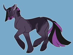 Size: 3400x2550 | Tagged: safe, artist:kitschykricket, oc, oc only, pony, blue background, curved horn, high res, horn, male, offspring, parent:king sombra, parent:rarity, parents:sombrarity, simple background, solo, stallion