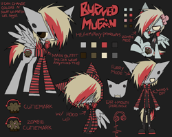 Size: 1280x1018 | Tagged: safe, artist:burnedmuffinz, oc, oc only, oc:burned muffin, pegasus, pony, undead, zombie, zombie pony, brain, clothes, ear piercing, emo, furry, furry oc, hair over eyes, hair over one eye, headphones, hoodie, lip piercing, organs, pegasus oc, piercing, ponysona, reference sheet, shirt, skrillex, snake bites, stitches, tongue out