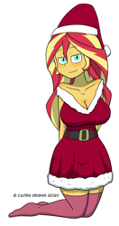Size: 1515x2875 | Tagged: safe, artist:cadenreigns, sunset shimmer, human, equestria girls, g4, blushing, breasts, busty sunset shimmer, christmas, clothes, costume, female, hat, holiday, santa claus, santa costume, santa hat, simple background, solo, stupid sexy sunset shimmer, white background