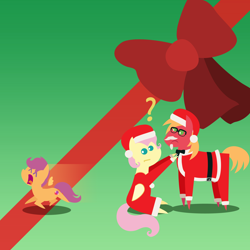 Size: 2160x2160 | Tagged: safe, anonymous artist, big macintosh, fluttershy, scootaloo, earth pony, pegasus, pony, series:fm holidays, series:hearth's warming advent calendar 2023, g4, advent calendar, alternate hairstyle, beard, christmas, clothes, colonel sanders, confused, cosplay, costume, dress, facial hair, fake beard, female, filly, foal, glasses, hat, high res, holiday, lineless, male, mare, meme, moustache, pointy ponies, question mark, running, santa costume, santa hat, scared, scootachicken, ship:fluttermac, shipping, short mane, sitting, stallion, straight, trio