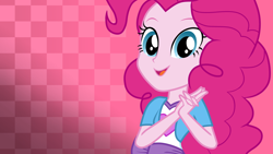 Size: 3840x2160 | Tagged: safe, artist:octosquish7260, pinkie pie, human, equestria girls, g4, arms, checkered background, clothes, female, fingers, gradient background, hand, hands together, happy, high res, long hair, open mouth, open smile, shirt, short sleeves, smiling, solo, teenager, vest