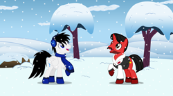 Size: 8000x4434 | Tagged: safe, artist:mickey1909, oc, oc only, oc:mickey motion, oc:shane park, pegasus, pony, unicorn, clothes, earmuffs, male, scarf, snow, snowfall, tree, winter, winter outfit