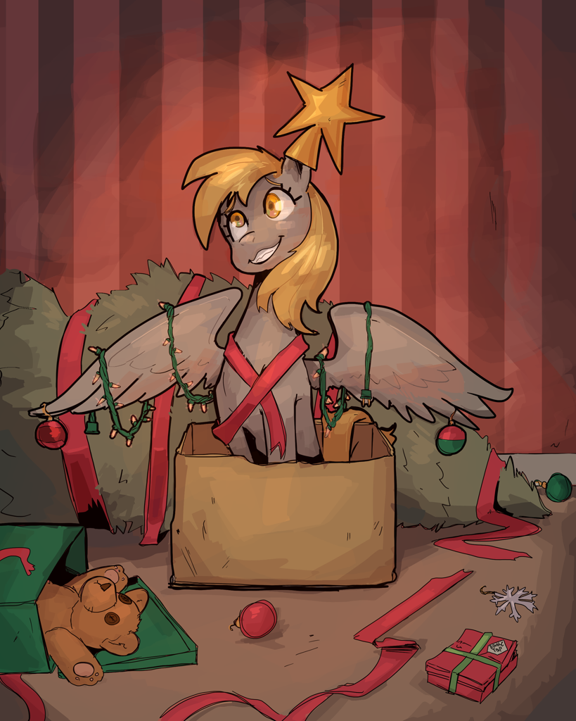 [box,christmas,christmas lights,christmas tree,commission,cute,decoration,derpy hooves,female,g4,grin,holiday,mare,pegasus,plushie,pony,pony in a box,present,ribbon,safe,sitting,solo,teddy bear,tree,wings,derpabetes,smiling,spread wings,christmas ornament,artist:double-zr-tap,christmas tree star]