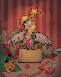 Size: 2400x3000 | Tagged: safe, artist:double-zr-tap, derpy hooves, pegasus, pony, g4, box, christmas, christmas lights, christmas ornament, christmas star, christmas tree, christmas tree star, commission, cute, decoration, derpabetes, female, grin, high res, holiday, mare, plushie, pony in a box, present, ribbon, sitting, smiling, solo, spread wings, teddy bear, tree, wings