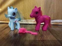 Size: 4640x3472 | Tagged: safe, earth pony, pony, g3, g3.5, blue coat, blue mane, bootleg, brush, duo, eyeshadow, little star, makeup, no source available, photo, pink coat, pink mane, pony set, unknown pony