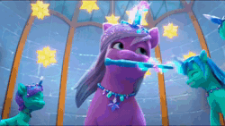 Size: 1280x720 | Tagged: safe, edit, screencap, violet frost, auroricorn, pony, g5, my little pony: make your mark, my little pony: make your mark chapter 6, official, secrets of starlight, spoiler:g5, spoiler:my little pony: make your mark, spoiler:my little pony: make your mark chapter 6, spoiler:mymc06e04, animated, chocolate, crystal horn, cup, dancing, drink, eyeshadow, female, flute, food, fountain, hoof polish, horn, hot chocolate, hot drink, jewelry, lyrics, lyrics in the description, makeup, mare, musical instrument, necklace, playing instrument, pose, singing, slowed down, sound, sparkles, sparkly mane, sparkly tail, stars, starshine time, tail, text, webm