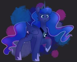 Size: 2646x2139 | Tagged: safe, artist:wintersleptart, princess luna, alicorn, pony, g4, abstract background, crown, dark background, ethereal mane, ethereal tail, female, high res, hoof shoes, jewelry, mare, raised hoof, regalia, solo, tail