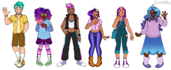 Size: 6728x2759 | Tagged: safe, artist:artistcoolpony, hitch trailblazer, izzy moonbow, misty brightdawn, pipp petals, sunny starscout, zipp storm, human, g5, adorapipp, adorazipp, alternate hairstyle, bag, boots, bracelet, clothes, converse, crown, cute, cutie mark tattoo, dark skin, denim, ear piercing, earring, female, grin, hitchbetes, humanized, izzybetes, jeans, jewelry, leather, leather vest, lesbian pride flag, light skin, looking at each other, looking at someone, male, mane five, mane six (g5), midriff, mistybetes, moderate dark skin, nail polish, necklace, one eye closed, overalls, pansexual pride flag, pants, piercing, pride, pride flag, regalia, royalty, shirt, shoes, shorts, siblings, simple background, sisters, size difference, skirt, smiling, socks, stockings, striped socks, sunnybetes, sweater, sweatpants, tan skin, tank top, tattoo, thigh highs, vest, wall of tags, watch, waving, white background, wink, wristwatch