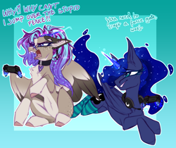 Size: 1969x1652 | Tagged: safe, artist:ouijaa, princess luna, oc, oc:ouija, alicorn, demon, demon pony, pony, succubus, succubus pony, gamer luna, g4, abstract background, adorable distress, belly, big ears, chest fluff, clothes, coat markings, collar, colored, colored wings, concave belly, controller, countershading, crossed hooves, cute, duo, ear fluff, ethereal mane, ethereal tail, eyebrows, eyes closed, female, floppy ears, folded wings, frustrated, furrowed brow, gaming, gaming headset, glowing, glowing horn, gradient mane, gradient wings, headset, hooves, horn, lidded eyes, lying down, magic, magic aura, mare, minecraft, open mouth, partially open wings, pet tag, prone, sharp teeth, sketch, slender, socks, striped socks, succubus oc, tail, talking, teeth, telekinesis, thin, wall of tags, wings