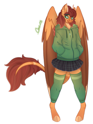 Size: 813x1087 | Tagged: safe, artist:trashpanda czar, oc, oc only, oc:pumpkin spice, hybrid, anthro, unguligrade anthro, clothes, cloven hooves, female, hoodie, horns, hybrid oc, leg warmers, long tail, simple background, skirt, solo, standing, tail, transparent background, wings, zettai ryouiki