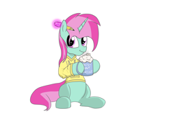 Size: 2000x1600 | Tagged: safe, artist:amateur-draw, oc, oc only, oc:belle boue, unicorn, chocolate, clothes, food, hoodie, hot chocolate, male, pencil, simple background, sitting, solo, sombra's pencil, stallion, white background