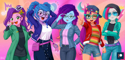 Size: 1633x787 | Tagged: safe, artist:uotapo, izzy moonbow, misty brightdawn, pipp petals, sunny starscout, zipp storm, human, equestria girls, g4, g5, abstract background, backwards ballcap, baseball cap, beanie, cap, clothes, cornrows, crossed arms, equestria girls-ified, female, fingerless gloves, g5 to equestria girls, generation leap, glasses, gloves, group, hat, mane stripe sunny, microphone, one eye closed, open mouth, open smile, patreon, patreon logo, pigtails, quintet, rebirth misty, skinny pipp, smiling, teeth, wink
