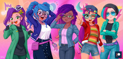 Size: 1633x787 | Tagged: safe, artist:uotapo, edit, izzy moonbow, misty brightdawn, pipp petals, sunny starscout, zipp storm, human, equestria girls, g4, g5, abstract background, backwards ballcap, baseball cap, beanie, cap, clothes, cornrows, crossed arms, dark skin, equestria girls-ified, female, fingerless gloves, g5 to equestria girls, g5 to g4, generation leap, glasses, gloves, graveyard of comments, group, hat, human coloration, light skin, mane stripe sunny, microphone, moderate dark skin, pale skin, patreon, patreon logo, pigtails, quintet, rebirth misty, skinny pipp, slender, tan skin, teeth, thin
