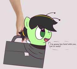 Size: 728x654 | Tagged: safe, artist:wanda, oc, oc only, oc:filly anon, earth pony, animal costume, bee costume, briefcase, clothes, costume, female, filly, pun