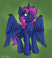 Size: 1536x1720 | Tagged: safe, artist:reddthebat, oc, oc only, oc:crystal dew, alicorn, pony, fallout equestria, fanfic:fallout equestria - to bellenast, adorable face, artificial alicorn, blue coat, chest fluff, cute, green background, green eyes, magenta mane, smol, solo
