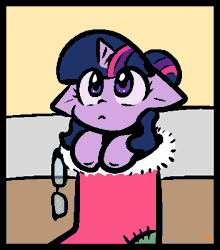 Size: 352x400 | Tagged: safe, alternate version, artist:zutcha, sci-twi, twilight sparkle, pony, unicorn, g4, :c, animated, blinking, christmas, christmas stocking, cute, daaaaaaaaaaaw, equestria girls ponified, eye shimmer, floppy ears, frown, gif, glasses, glasses off, holiday, sci-twiabetes, solo, tiny, tiny ponies, twiabetes, unicorn sci-twi