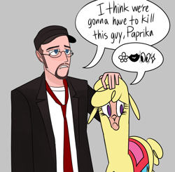 Size: 1050x1028 | Tagged: safe, artist:nonameorous, paprika (tfh), alpaca, human, them's fightin' herds, beard, clothes, community related, crossover, doug walker, duo, facial hair, floppy ears, frown, glasses, goatee, gray background, hat, i think we're gonna have to kill this guy, jacket, looking away, looking down, meme, necktie, nostalgia critic, papdings, shirt, sideburns, simple background, speech bubble, t-shirt