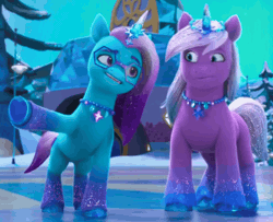 Size: 1116x904 | Tagged: safe, screencap, comet (g5), violet frost, auroricorn, pony, g5, my little pony: make your mark, my little pony: make your mark chapter 6, secrets of starlight, spoiler:g5, spoiler:my little pony: make your mark, spoiler:my little pony: make your mark chapter 6, spoiler:mymc06e04, animated, coughing, cropped, crystal horn, eyeshadow, female, gif, height difference, hoof polish, horn, jewelry, makeup, male, mare, necklace, physique difference, sparkles, sparkly mane, sparkly tail, stallion, tail