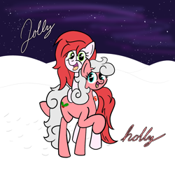 Size: 2000x2000 | Tagged: safe, artist:dafiltafish, oc, oc:holly, oc:jolly, earth pony, pony, duo, duo female, female, festive, hearth's warming eve, high res, looking at you, mare, night, snow, text, winter