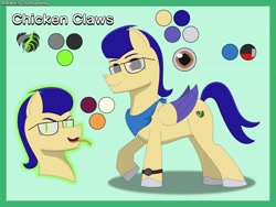 Size: 4200x3150 | Tagged: safe, artist:alejandrogmj, oc, oc:chicken claws, pegasus, pony, clock, clothes, cutie mark, disguise, disguised changeling, fangs, looking at you, pegasus oc, reference sheet, scarf, simple background, tongue out