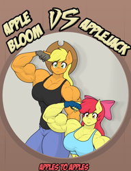 Size: 2281x2970 | Tagged: safe, artist:matchstickman, apple bloom, applejack, earth pony, anthro, matchstickman's apple brawn series, tumblr:where the apple blossoms, g4, abs, apple bloom's bow, apple brawn, apple sisters, applejack's hat, applejacked, bicep flex, biceps, bow, breasts, busty apple bloom, busty applejack, clothes, comic cover, cowboy hat, deltoids, duo, female, flexing, gloves, hair bow, hat, high res, looking at you, mare, muscles, muscular female, older, older apple bloom, pecs, siblings, sisters, triceps